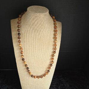 Elegant Necklace Made From Brown Wooden And Gold Color Beads. Vintage. GORGEOUS!